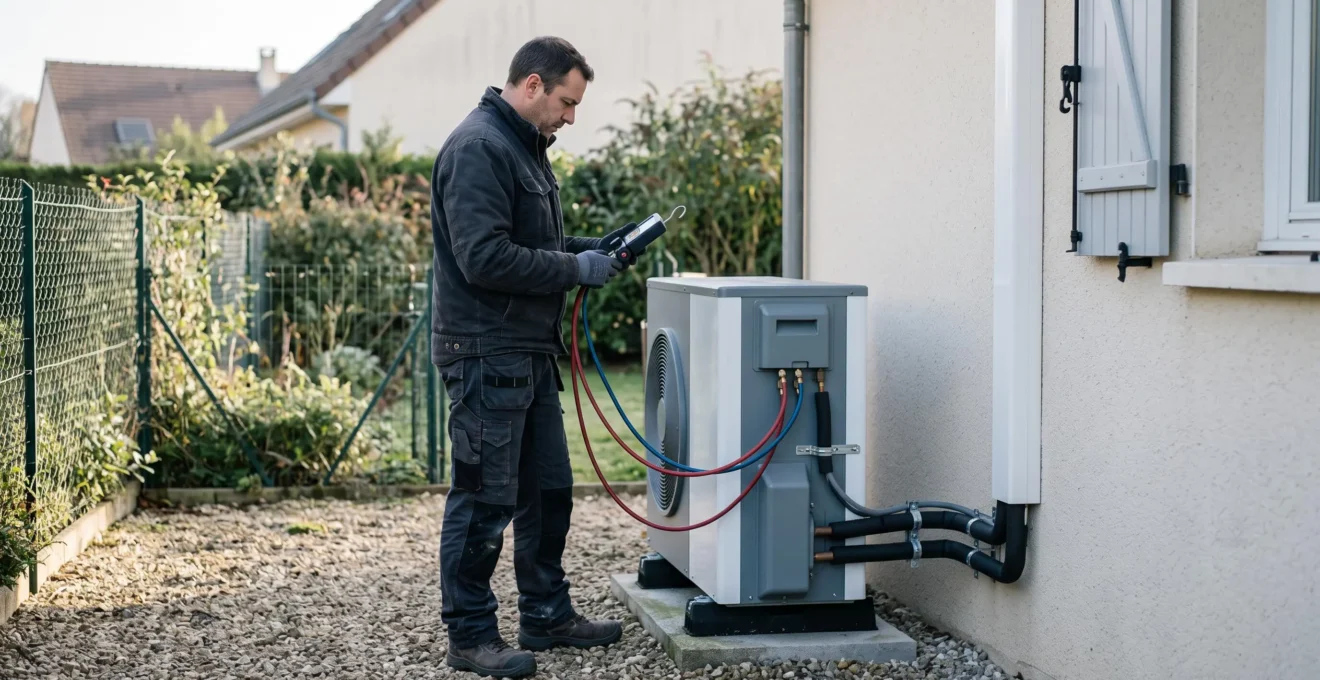 Un technicien contrôle les pressions du circuit frigorifique lors de la mise en service d'une pompe à chaleur extérieure.